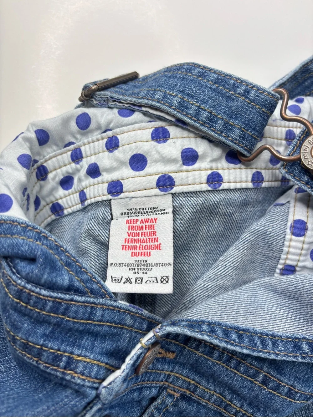 Mini Boden Blue Denim Girls' Overall Dress with Polka Dot Lining